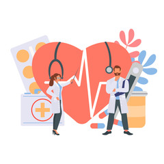 Medicine concept with tiny people character and heart pulse, thermometer, medication.  Vector Illustration, suitable for wallpaper, banner, background, card and web landing page.