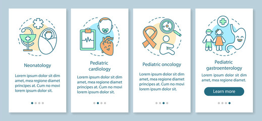Obraz na płótnie Canvas Pediatric services onboarding mobile app page screen with linear concepts