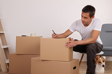 Moving in and out. Man packing boxes with dog watchig. New home concept