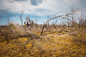 Landscape with an abandoned old factory in Chernobyl disaster area in Belarus
