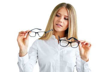 Pensive woman with glasses isolated on white