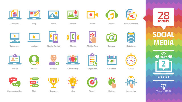 Social media network color icon set part 2 with global internet digital technology, computer, laptop and mobile device, web blog and content, avatar, community, clock, chat glyph pictogram.