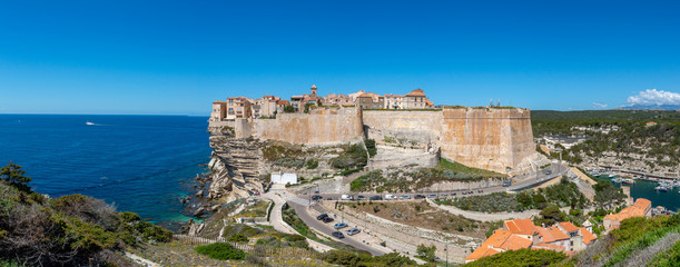 Panoramic view of Bonifacio historical city and wall in Corsica, France