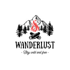 Wanderlust emblem rectangle with red fire Vector illustration