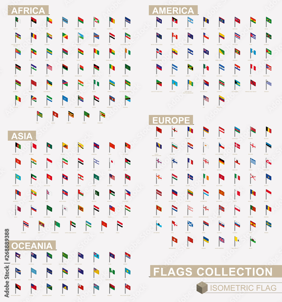 Sticker isometric flag collection of europe, america, asia, oceania, africa