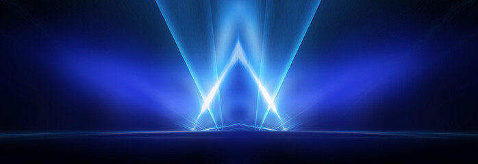 Empty stage, blue neon, abstract blue background. Rays of searchlights, light, abstract tunnel, corridor.