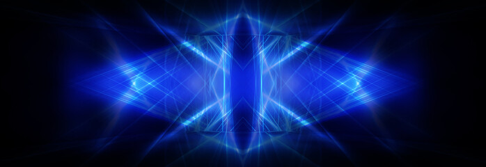 Empty stage, blue neon, abstract blue background. Rays of searchlights, light, abstract tunnel, corridor.