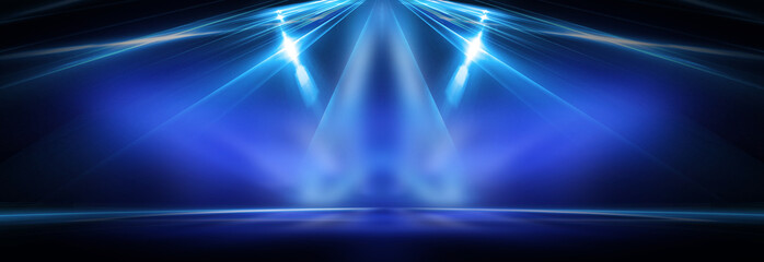 Empty stage, blue neon, abstract blue background. Rays of searchlights, light, abstract tunnel, corridor.