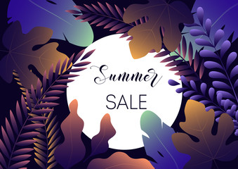 Summer sale banner template with trendy gradient leaves on dark blue background.