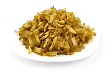 Sliced Marinated pickled cucumbers, close-up, isolated on white background