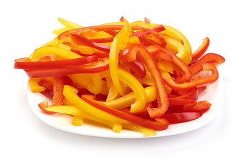 Mixed Sliced sweet bell pepper, close-up, isolated on white background