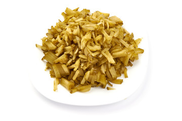Sliced Marinated pickled cucumbers, close-up, isolated on white background
