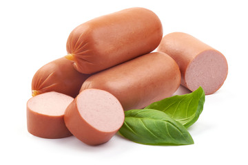 Fresh pork Boiled sausages with basil, close-up, isolated on white background