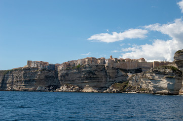 Fototapeta na wymiar View of Bonifacio city with the cliff from the sea, Corsica, France