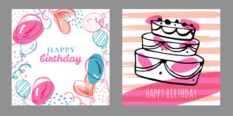 Set of two square birthday card templates. Hand drawn cartoon vector sketch illustration with cake and balloons