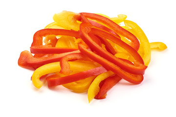 Mixed Sliced sweet bell pepper, close-up, isolated on white background