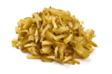 Sliced Marinated pickled cucumbers, close-up, isolated on white background