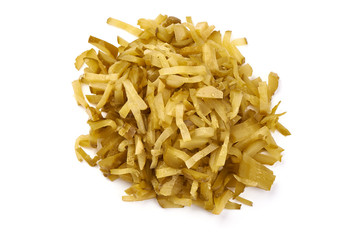 Sliced Marinated pickled cucumbers, top view, isolated on white background