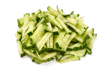 Sliced fresh cucumbers, close-up, isolated on white background