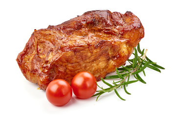 Baked pork roast, spicy meat, close-up, isolated on white background