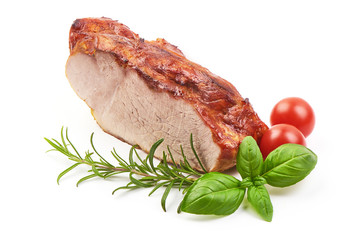 Sliced baked pork roast, Christmas fried spicy galzed meat, close-up, isolated on white background