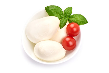 Bowl of traditional Italian mozzarella balls, top view, isolated on white background