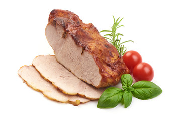 Sliced baked pork roast, spicy meat, close-up, isolated on white background