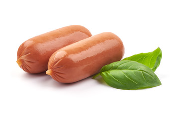 Fresh boiled sausages with basil, close-up, isolated on white background