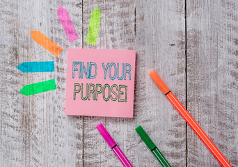 Text sign showing Find Your Purpose. Business photo text reason for something is done or for which still exists Plain note paper and line arrow stickers on the top of wooden table desk