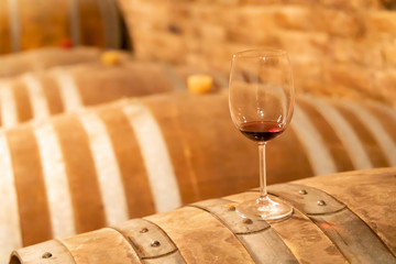 glasses of wine on barrel, Szekszard, Hungary