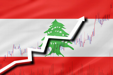 White arrow and stocks chart growth up on the background of the flag of Lebanon