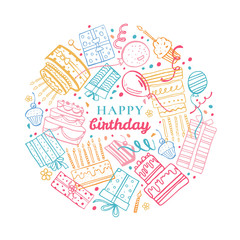 Rectangular frame template with stylized birthday cakes, gift boxes, balloons. Hand drawn cartoon vector colorful sketch illustration