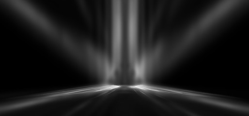 Empty black scene, rays of searchlights, reflection, night view.