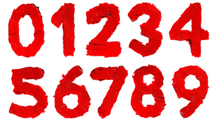 Set of numbers / digits made of smudged red lipstick isolated on white background