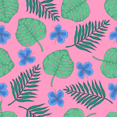 Fototapeta na wymiar Cute pink summer seamless pattern with colorful green tropical leaves and blue flowers. Trendy contrast exotic plants texture for textile, wrapping paper, surface design, wallpaper, background