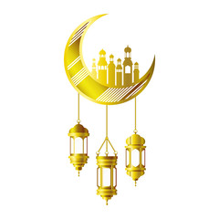 moon hanging with ramadan kareem mosque buildings