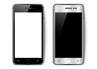 Black and white smartphone with shadow and glare, mobile phone with blank screen, isolated 