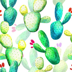 Tropical colorful watercolor cactus idea. Seamless natural pattern with exotic cacti on white background
