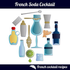 French Soda cocktail. Set of isolated elements on white background. Paper cut style