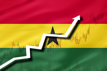 White arrow and stocks chart growth up on the background of the flag of Ghana