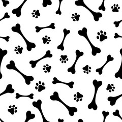 Seamless vector background of the tracks, the bones of dogs or animals. Black and white illustration.