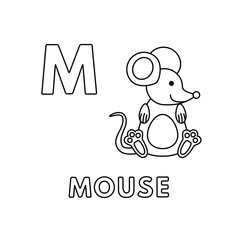 Vector Cute Cartoon Animals Alphabet. Mouse Coloring Pages