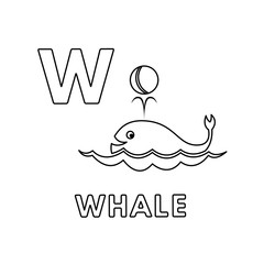 Vector Cute Cartoon Animals Alphabet. Whale Coloring Pages