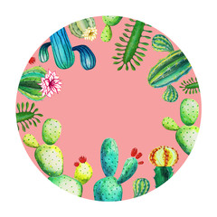 Watercolor cactus frame design on pink background. Icon, sale banner, advert, flyer