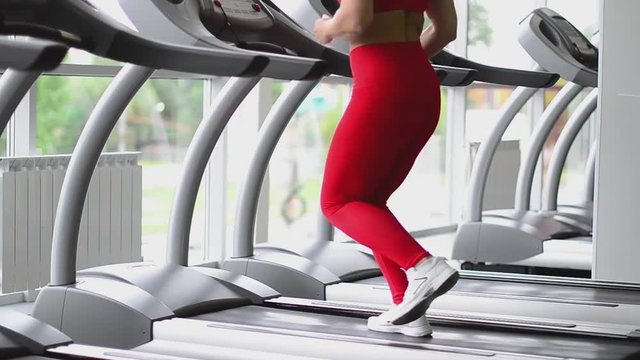 Attractive young sports woman is working out in gym. Doing cardio training on treadmill. Running on treadmill.