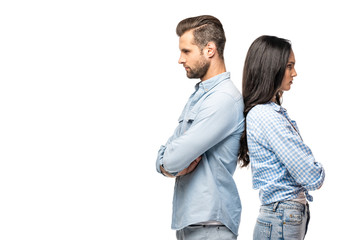 upset man and young woman standing back to back with crossed arms Isolated On White