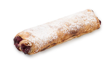 Baking puff pastry. Sweet pastries with cherries, powdered sugar jam on a white background.