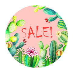 Sale banner with tropical cactus design on pink background with text SALE