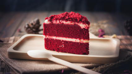 Red velvet cake on wood board