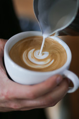 cup of coffee in hands of man on a background, barista preparing cappuccino